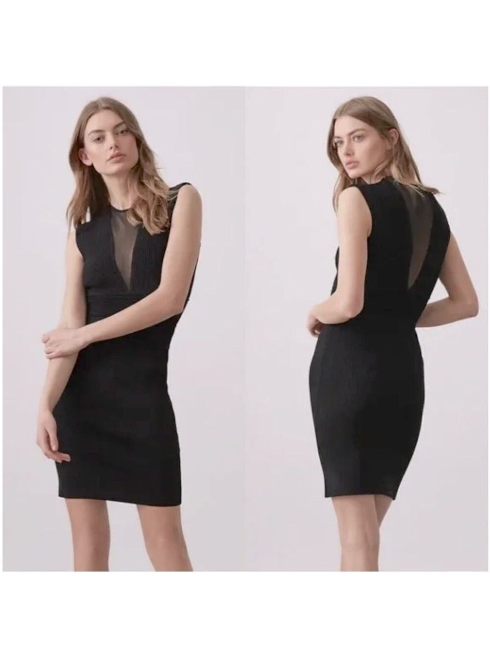 REISS Holly Dress Black Bodycon Plunge Sheer Neck Stretchy Mini Dress Size 6